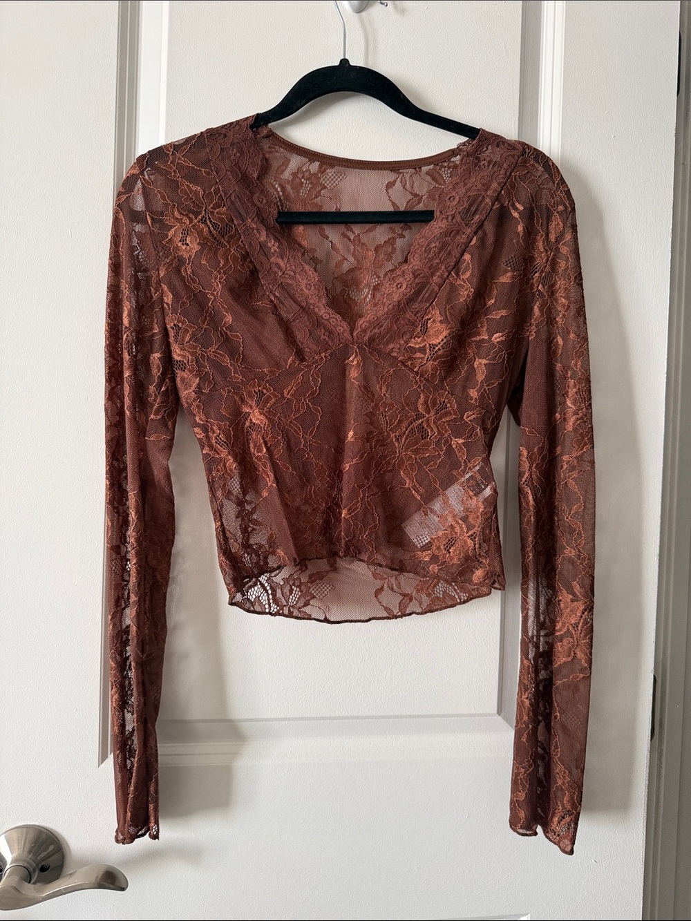 Women's Brown Lace V-Neck Long Sleeve Top